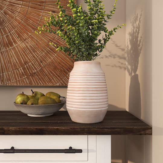 11" Pink Ceramic Whitewashed Ribbed Vase
